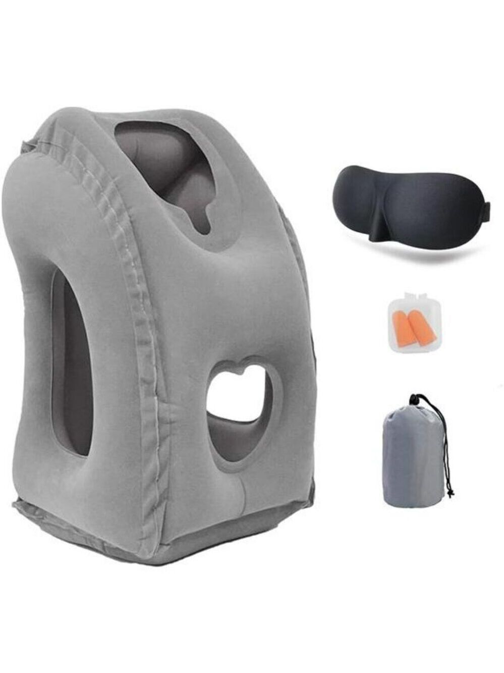Inflatable Travel Neck Pillow Airplane Sleep Support with Eye Mask Earplugs